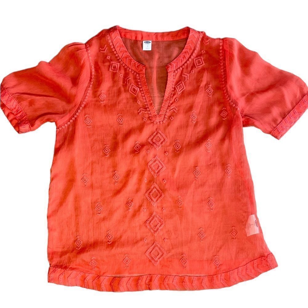 Old Navy Orange Sheer Embroidered Blouse. SP